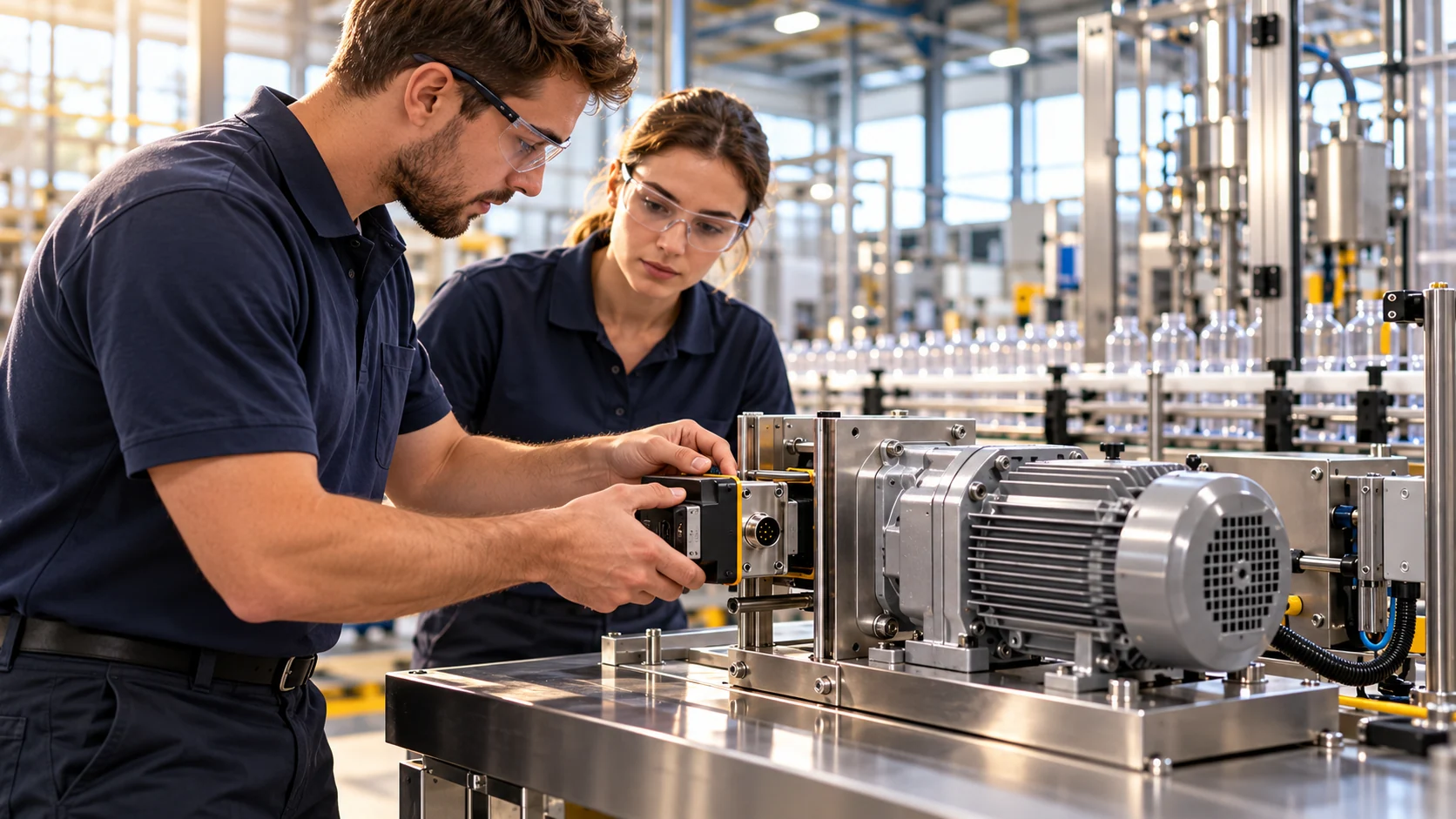 Two maintenance engineers inspect a removable module on a training assembly.