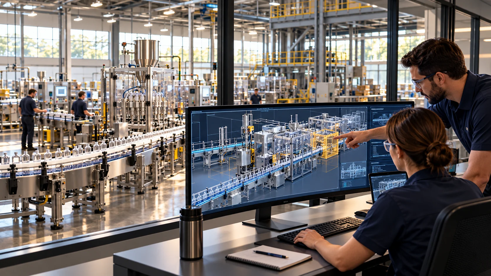 Engineers review a line-layout model in a manufacturing control room.