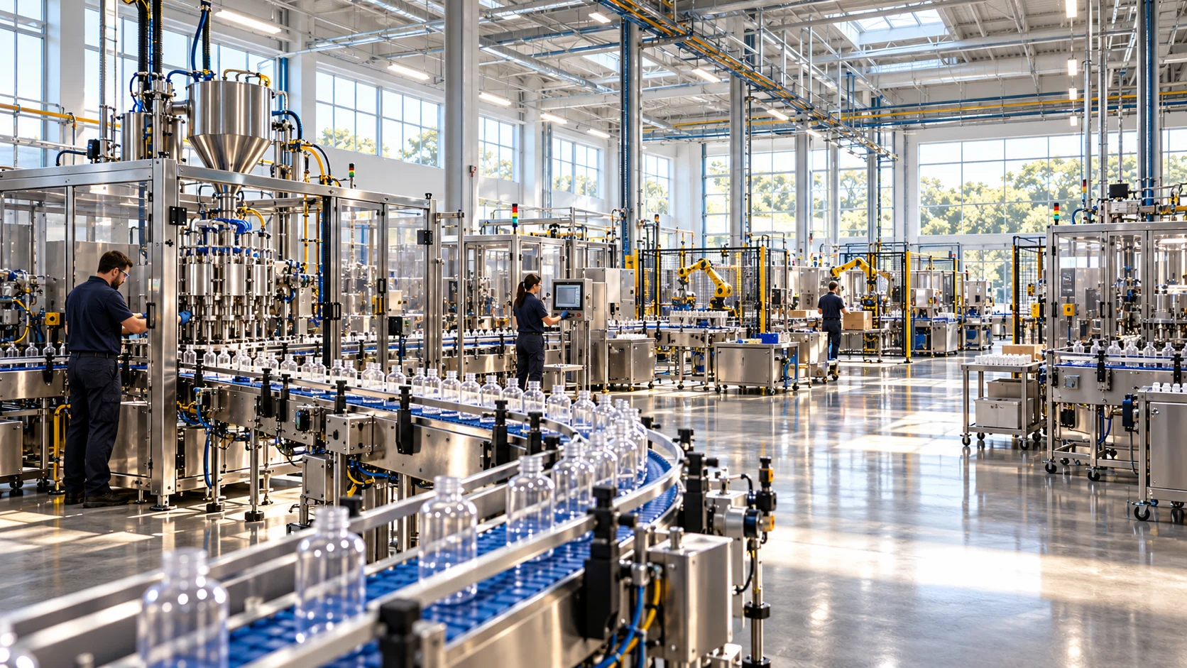 A wide view of modern packaging and assembly cells.